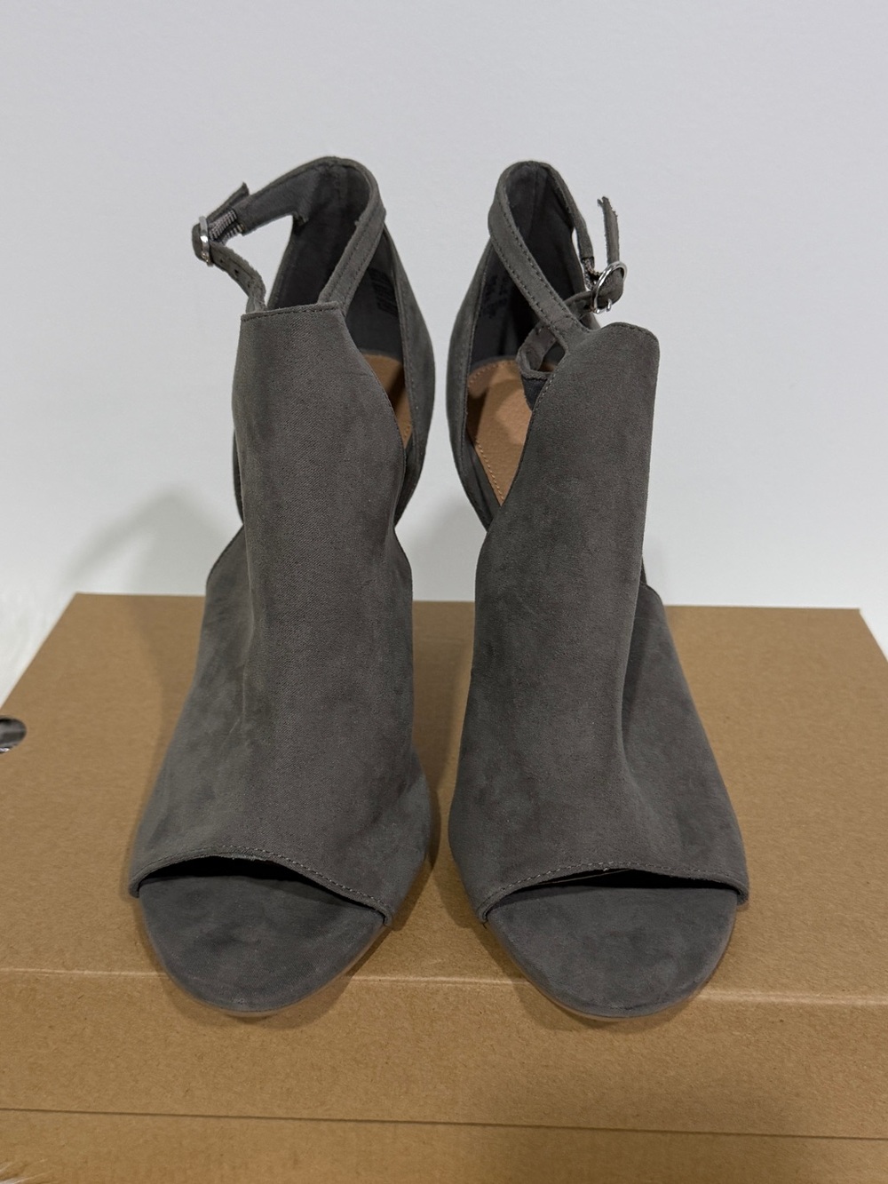 Christian Siriano Gray Suede Peep-Toe Ankle Booties with Buckle Ladies
